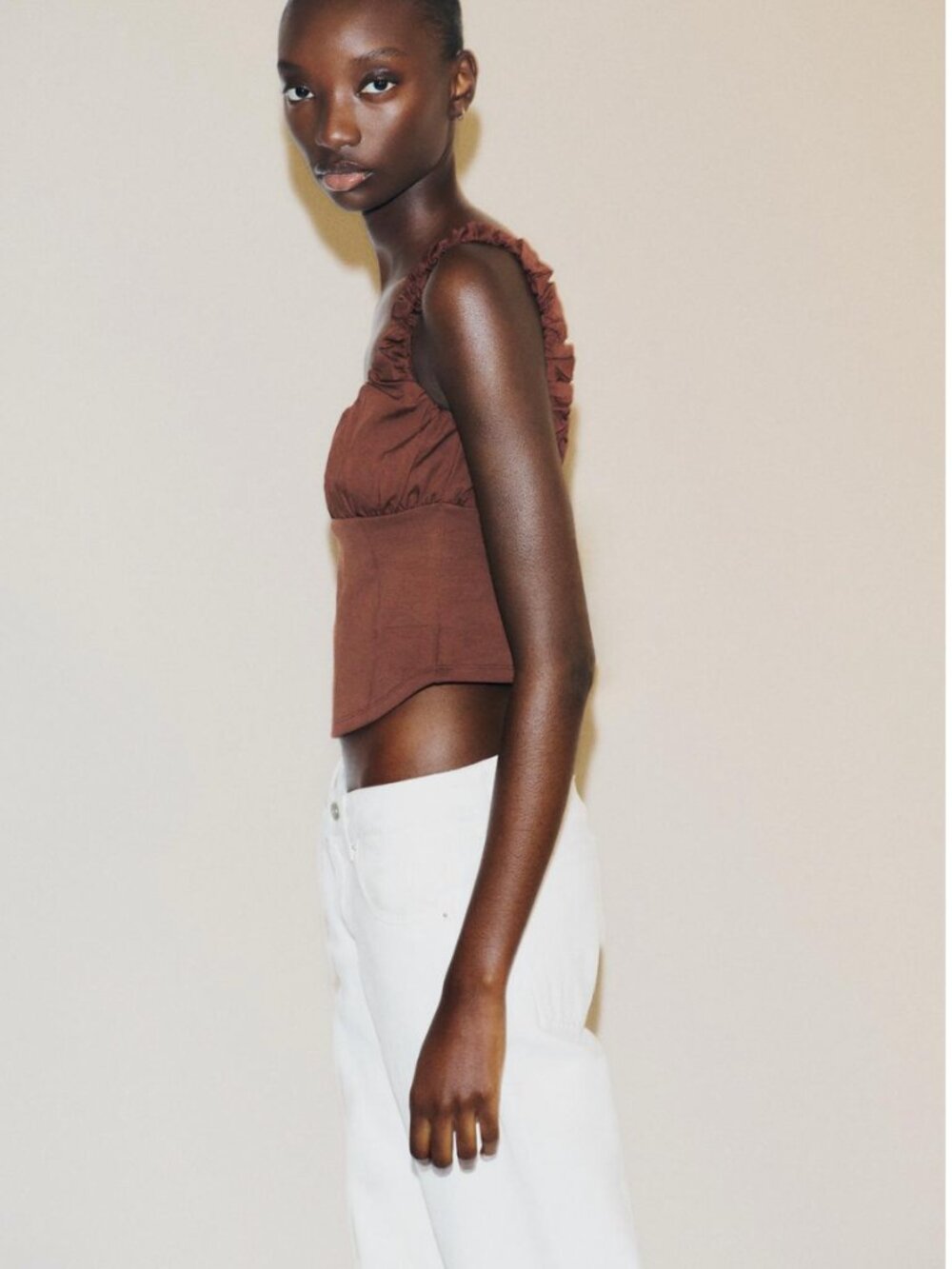 🤎 ZARA Combination Interlock & Poplin Top – Brown NWT Size S - Picture 4 of 13